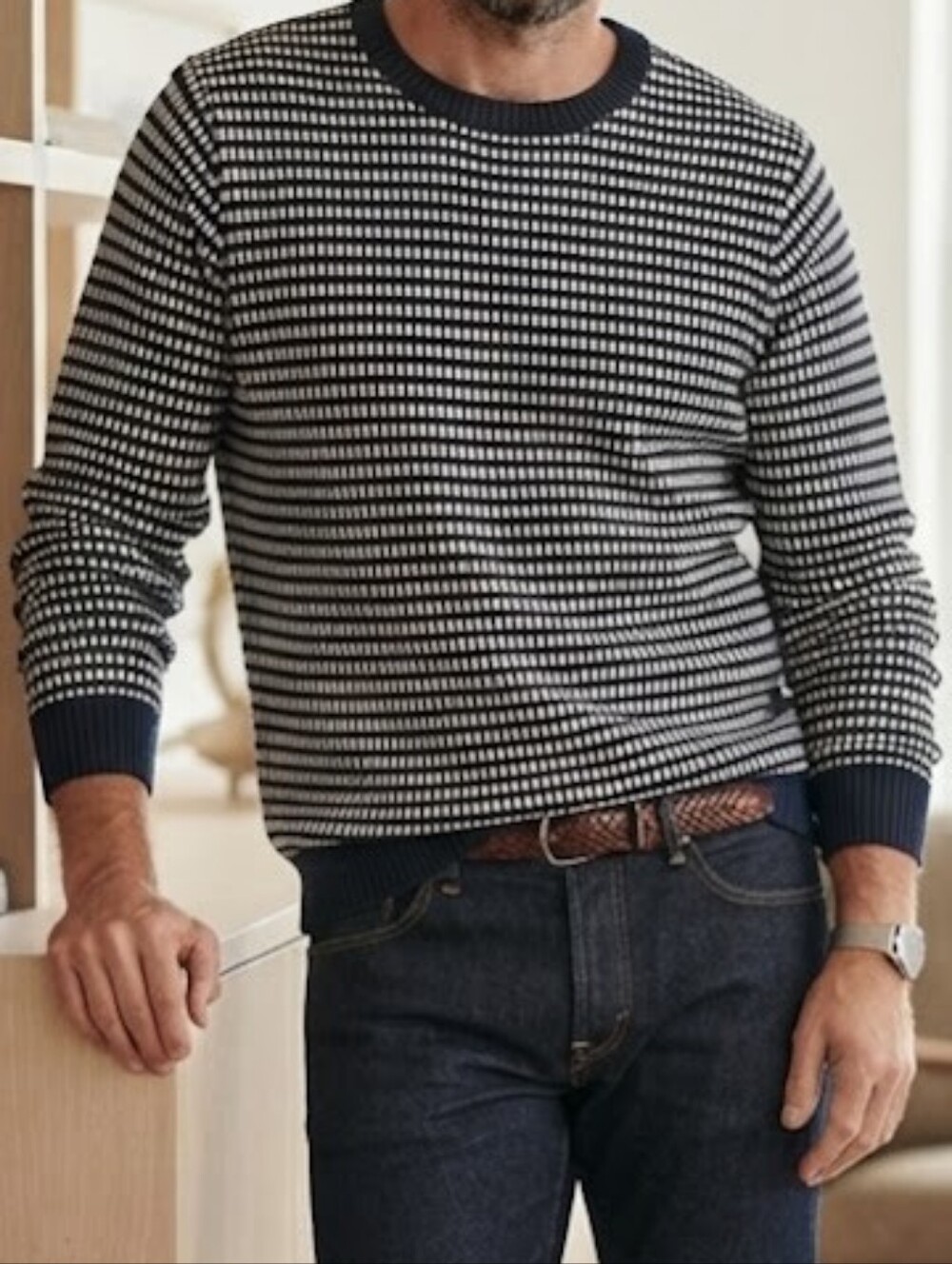 Frank & Oak Navy and White Crewneck Patterned Knit Sweater Size Medium